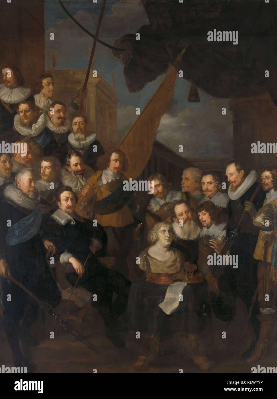 Officers and other shooters of neighborhood XIX in Amsterdam under the leadership of Captain Cornelis Bicker and Lieutenant Frederick van Banchem, ready for the reception of Maria de 'Medici, Queen Widow of France, in September 1638. Dating: 1640. Measurements: h 343 cm × w 258 cm × h 363 cm × w 277 cm × t 10 cm. Museum: Rijksmuseum, Amsterdam. Author: Joachim von Sandrart. Stock Photo