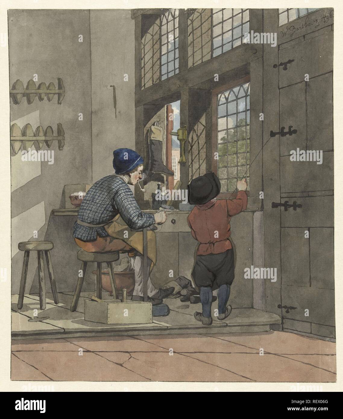 Cobbler in his workshop. Draughtsman: W. Barthautz. Dating: 1796. Measurements: h 278 mm × w 241 mm. Museum: Rijksmuseum, Amsterdam. Stock Photo