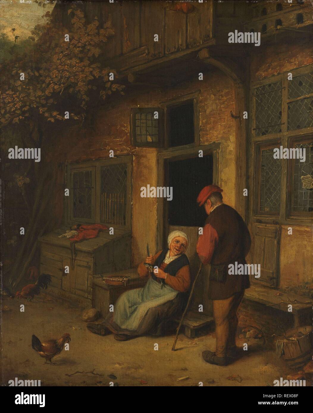 A woman gutting herring in front of her house. Dating: c. 1650 - c. 1700. Measurements: h 40 cm × w 32.3 cm × t 0.6 cm; d 6 cm. Museum: Rijksmuseum, Amsterdam. Author: Adriaen van Ostade (copy after). Stock Photo