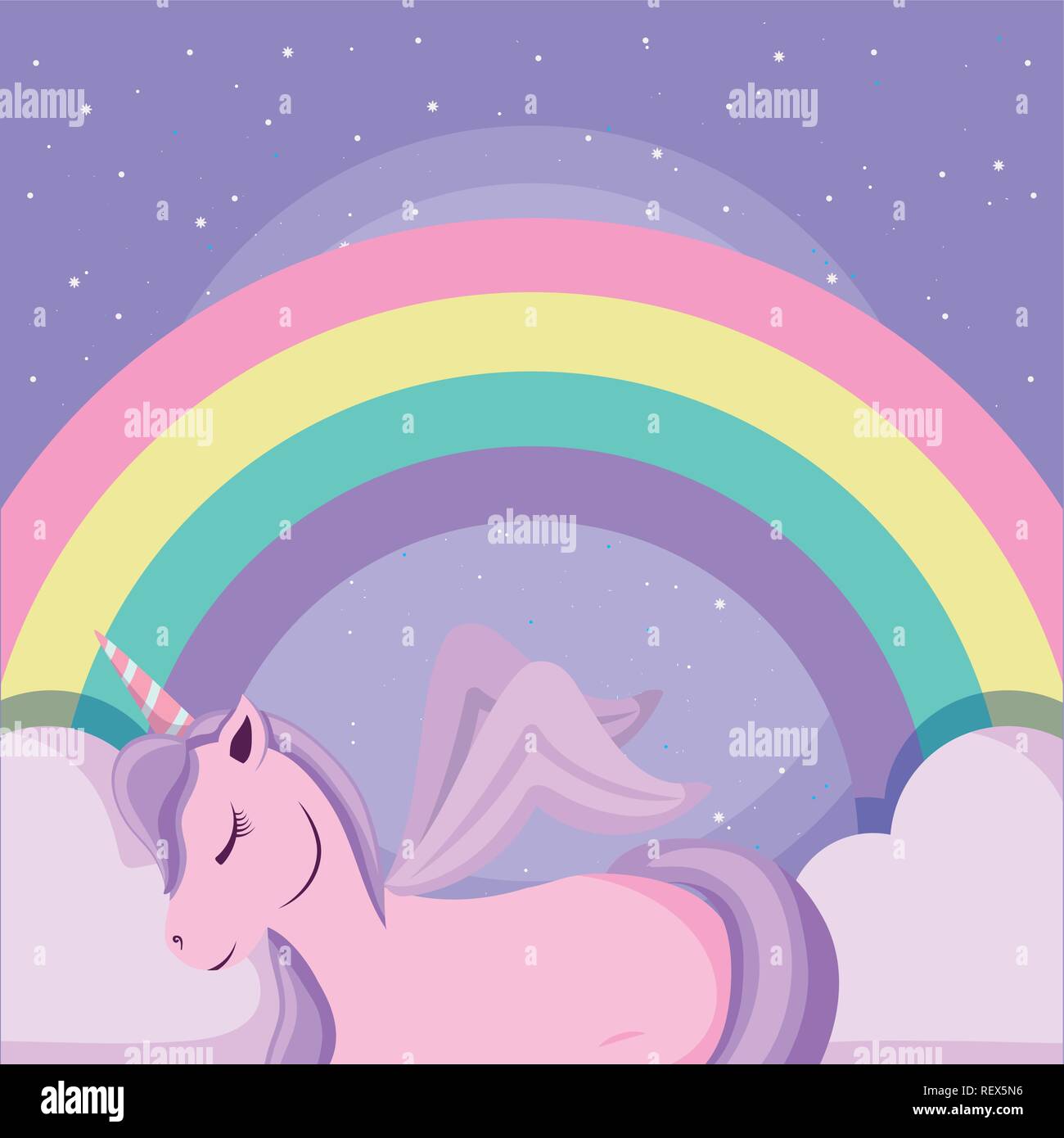 Cute unicorn and rainbow over purple background, colorful design ...