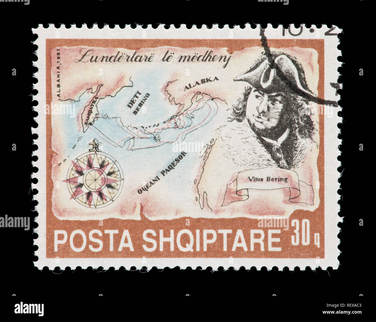 Postage stamp from Albania depicting Vitus Bering and a map of the coasts of Alaska and eastern Russia Stock Photo