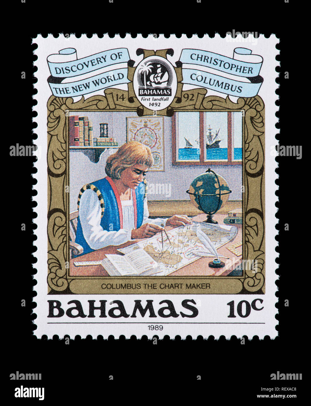 Postage stamp from Bahamas depicting Christopher Columbus as a mapmaker, 500th anniversary of the discovery of the Americas Stock Photo