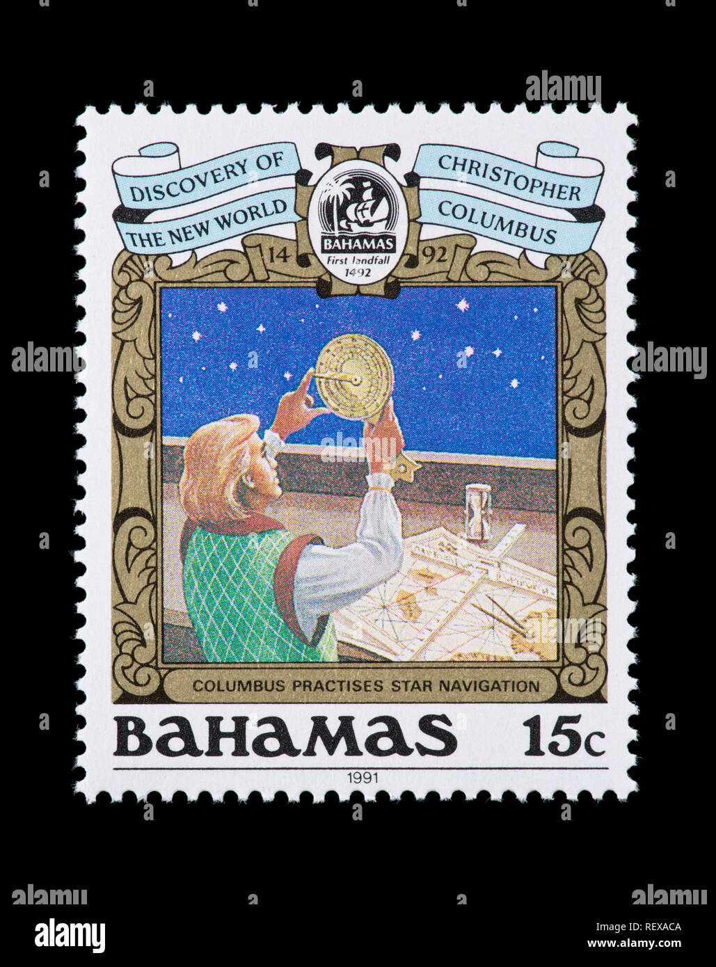 Postage stamp from Bahamas depicting Columbus practicing star navigation, 500th anniversary of the discovery of the Americas Stock Photo