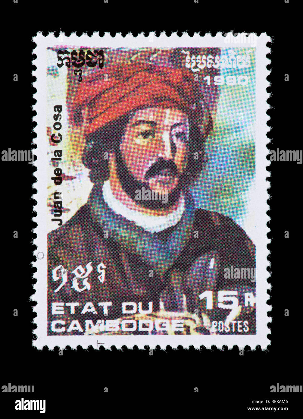 Postage stamp from Cambodia depicting Juan de la Cosa, 500'th anniversary of the discovery of the Americas. Stock Photo