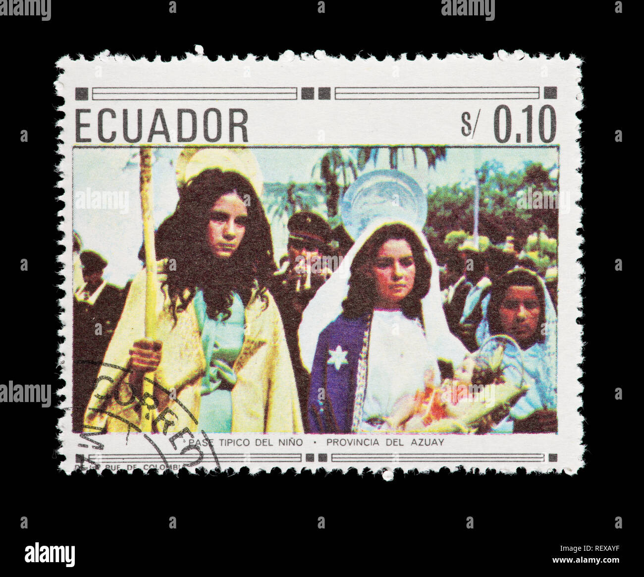 Postage stamp from Ecuador depicting a children's Christmas processional Stock Photo
