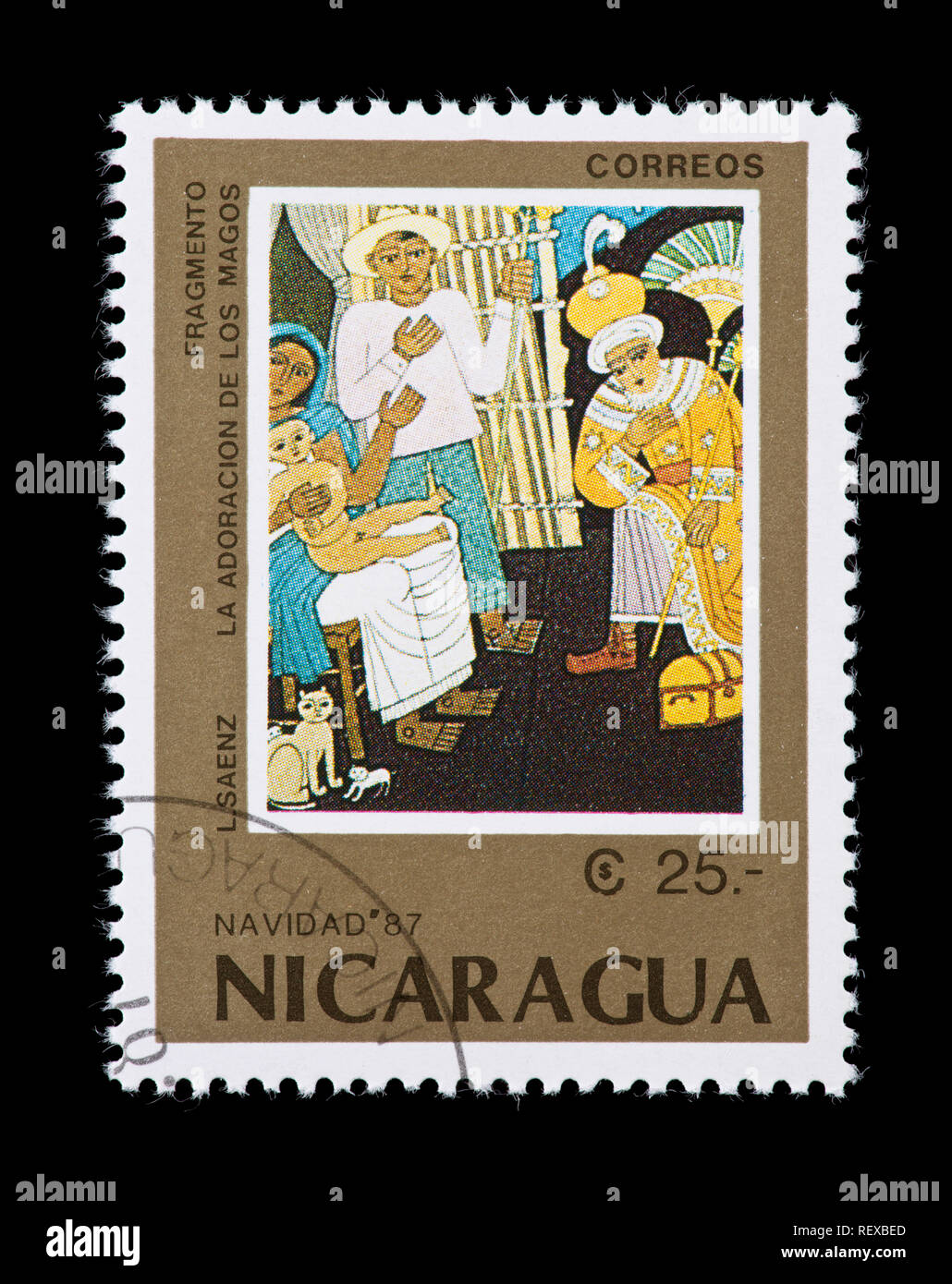Postage stamp from Nicaragua depicting a L. Saenz painting of the Adoration of the Magi Stock Photo