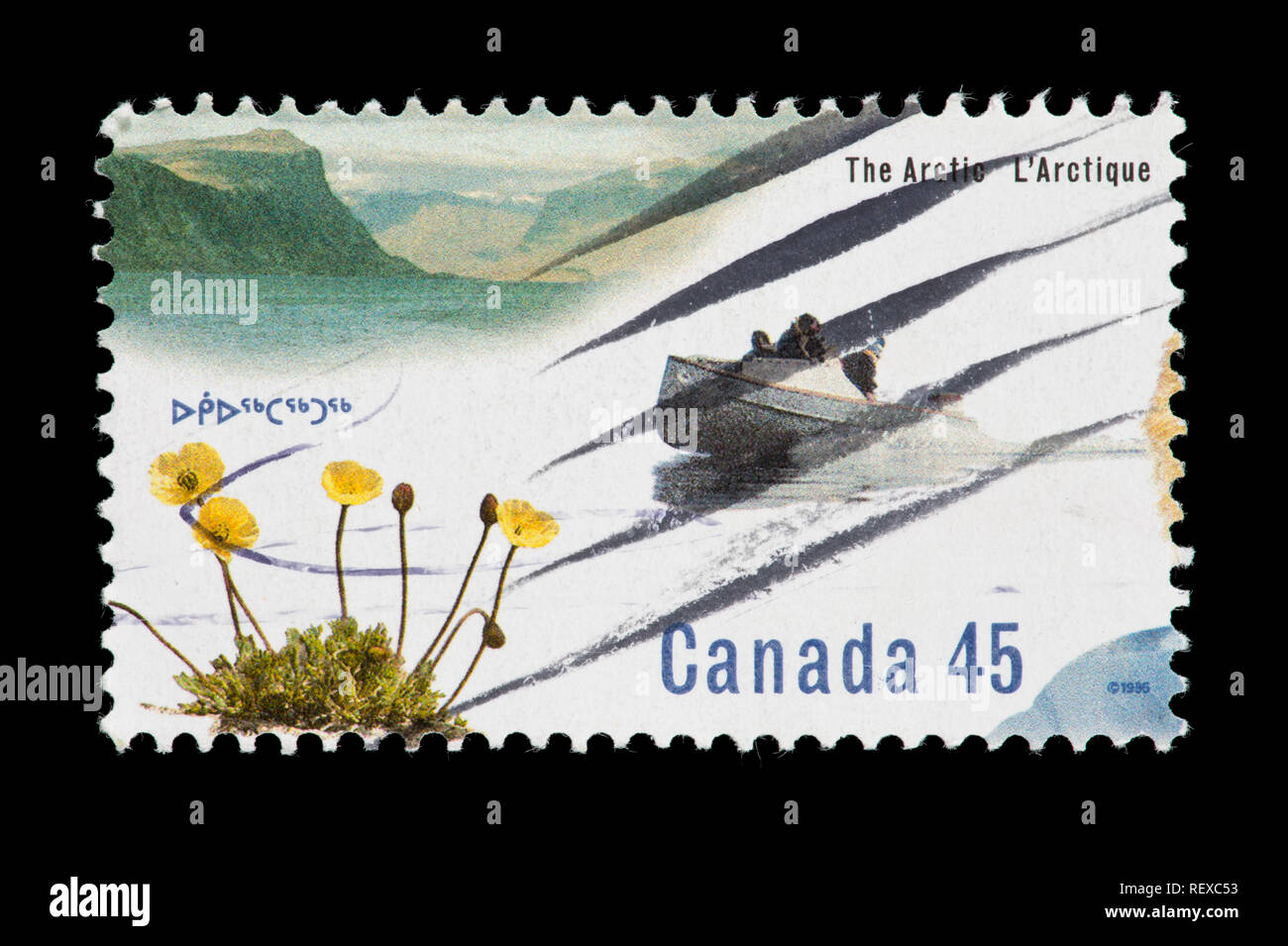 Postage stamp from Canada depicting an Arctic poppy and cargo canoe Stock Photo