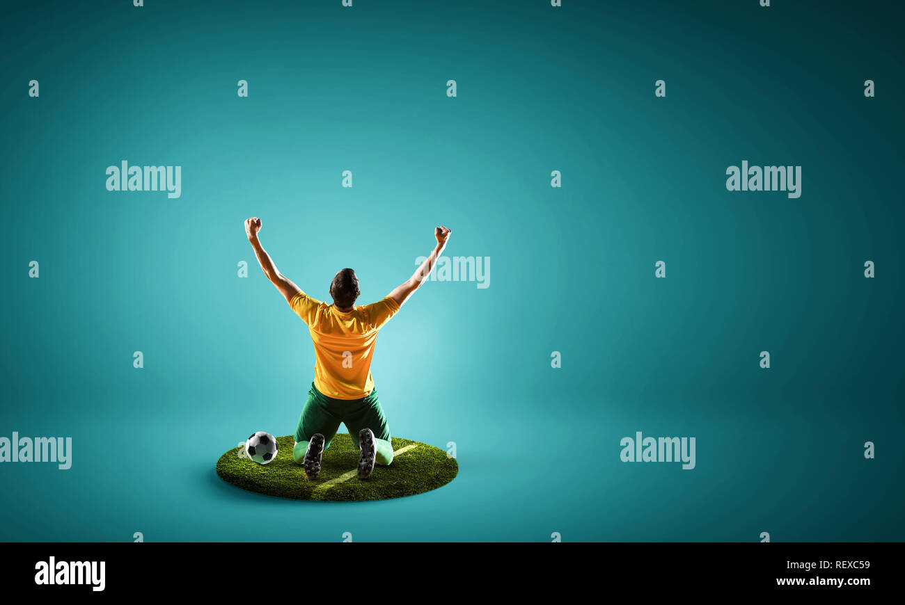 One soccer player man on pedestal against color background. Mixed media