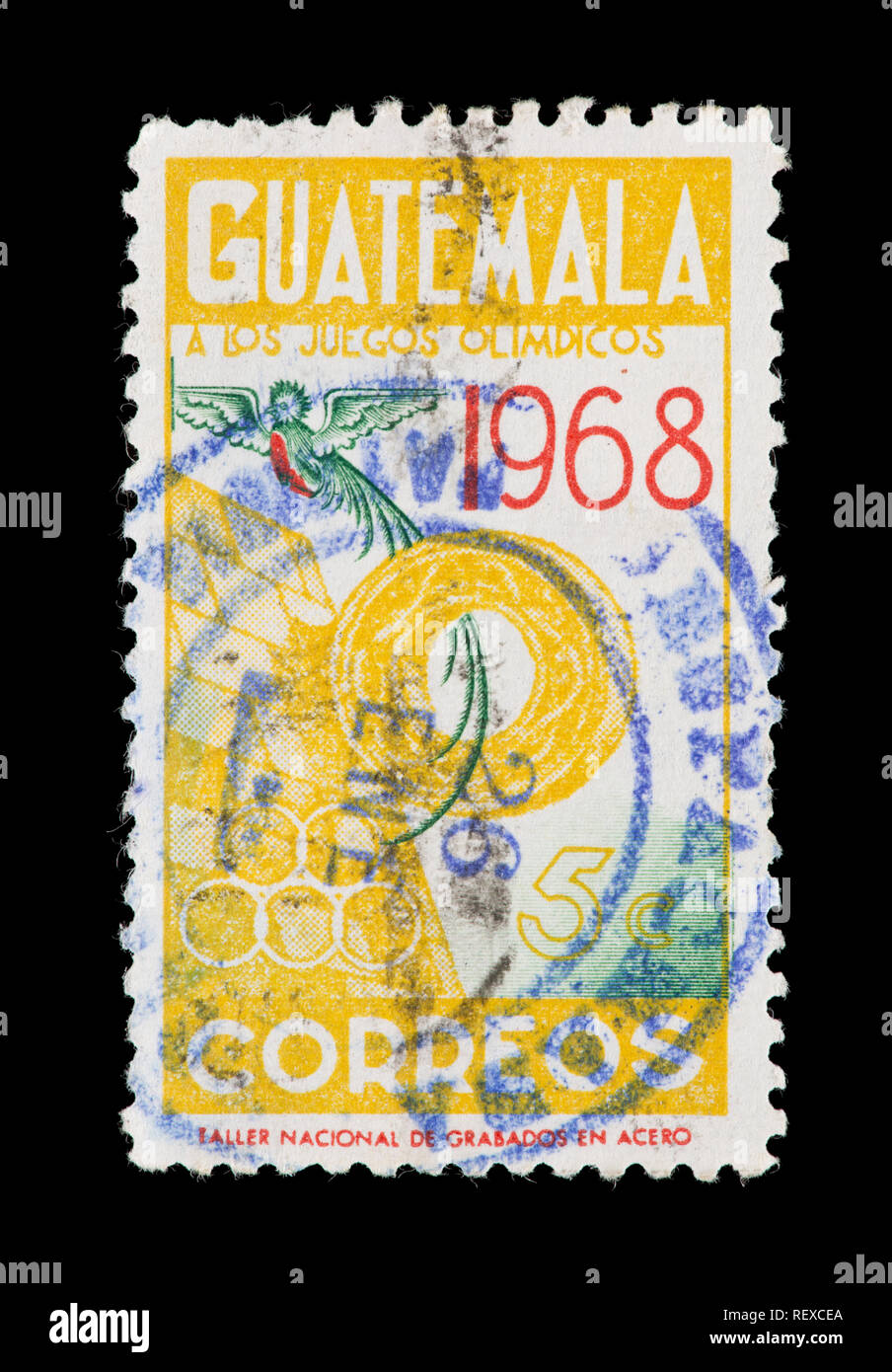 Postage stamp from Guatemala depiciting a quetzal and Mayan ball game goal, overprinted 1968, 50th anniversary of ILO. Stock Photo