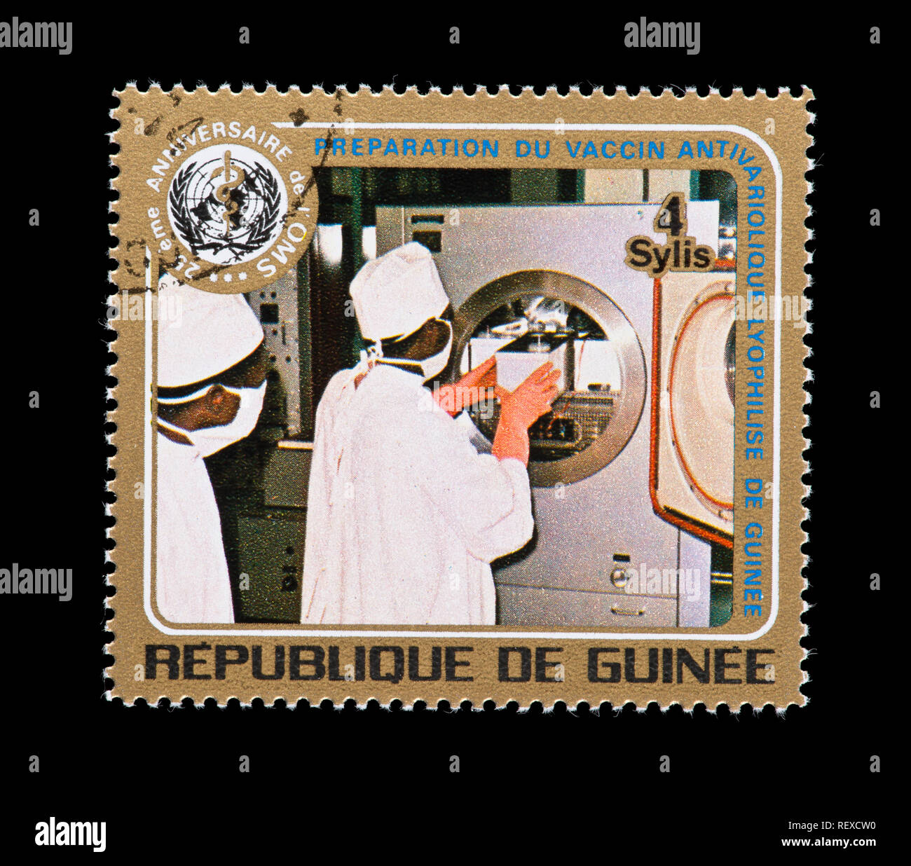 Postage stamp from Guinea depicting the WHO emblem and sterilization of vaccines Stock Photo