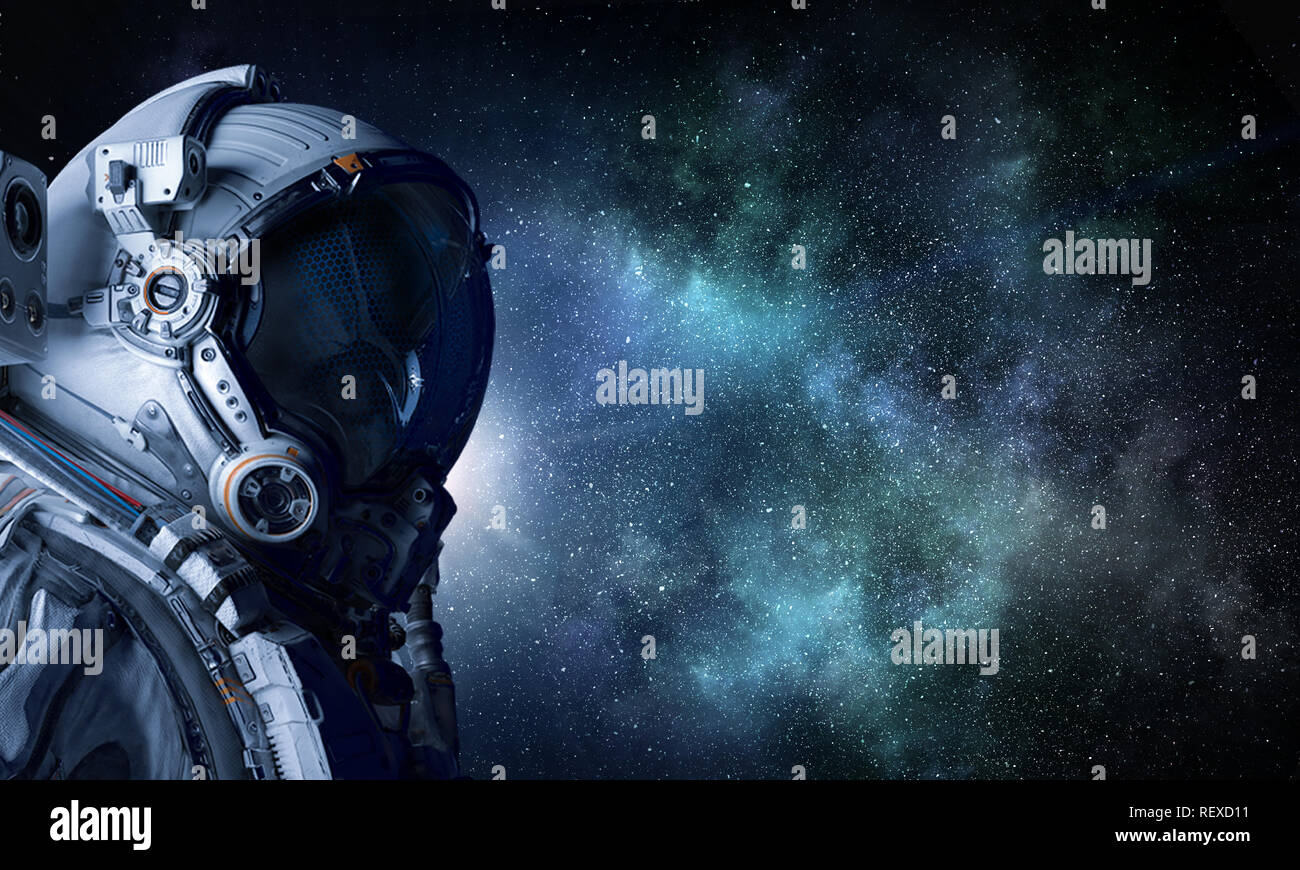 Astronaut rhino wearing space suit against starry sky. Mixed media ...