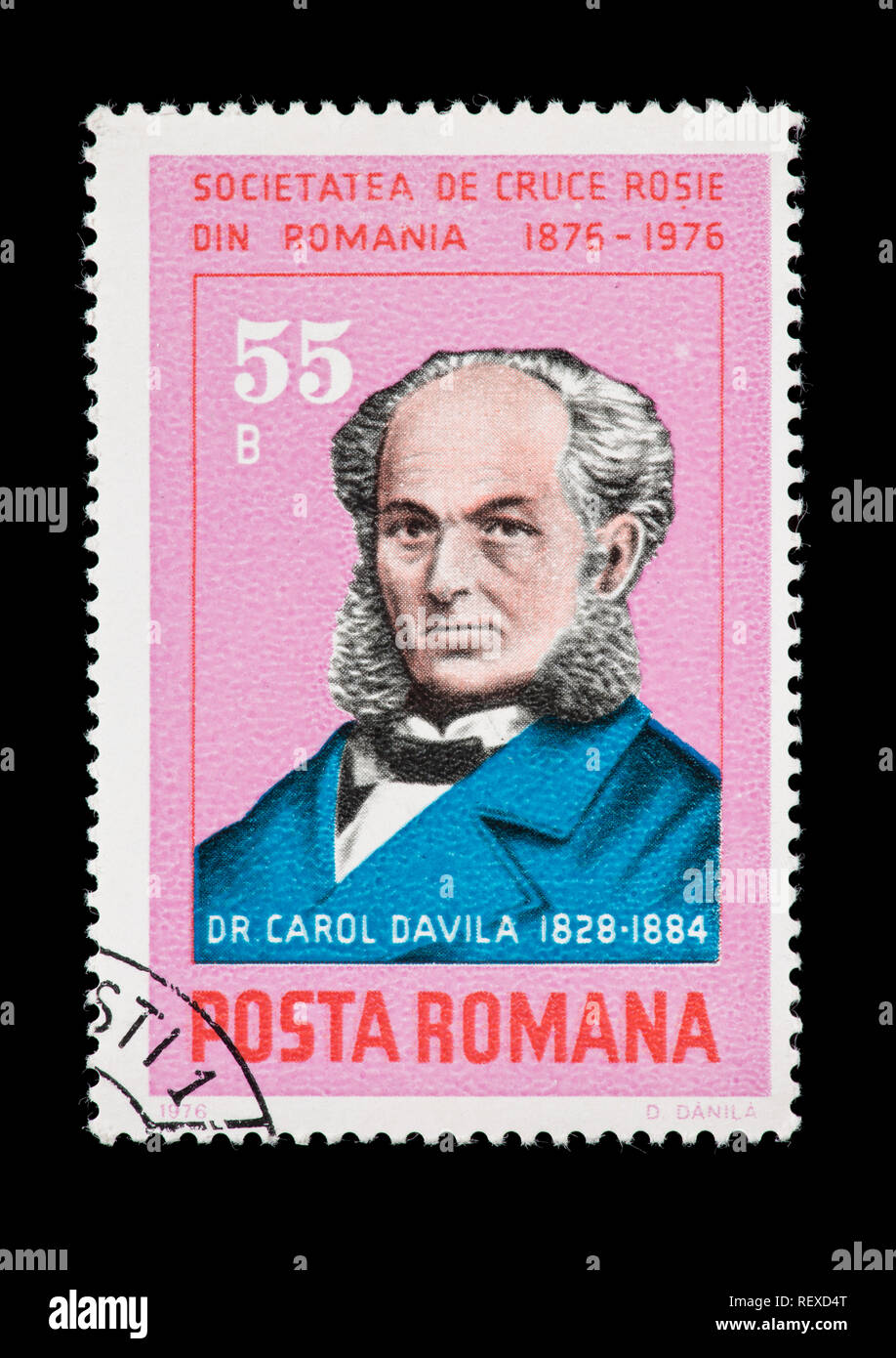 Postage stamp from Romania depicting Dr. Carol Davila, founder of the Romanian Red Cross. Stock Photo