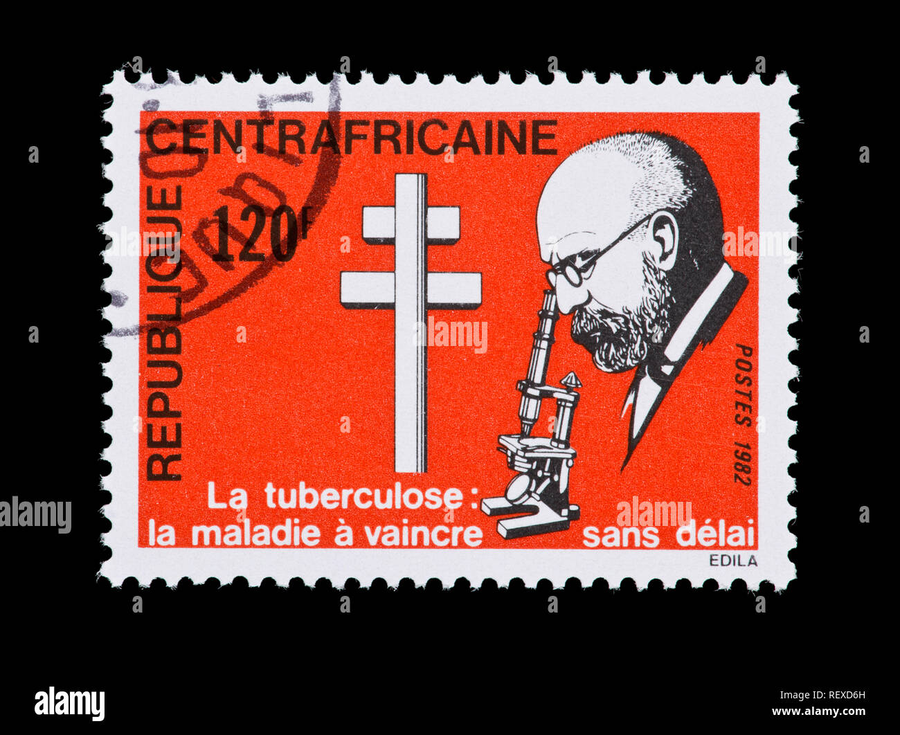 Postage stamp from the Central African Republic depicting Robert Koch, centennial of the discovery of the tuberculosis bacteria Stock Photo