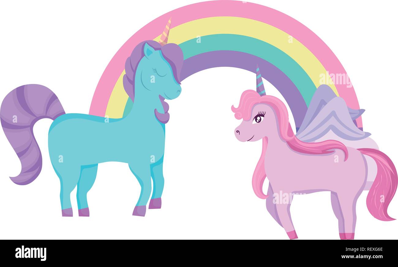 Cute unicorns and rainbow over white background, colorful design. vector illustration Stock Vector