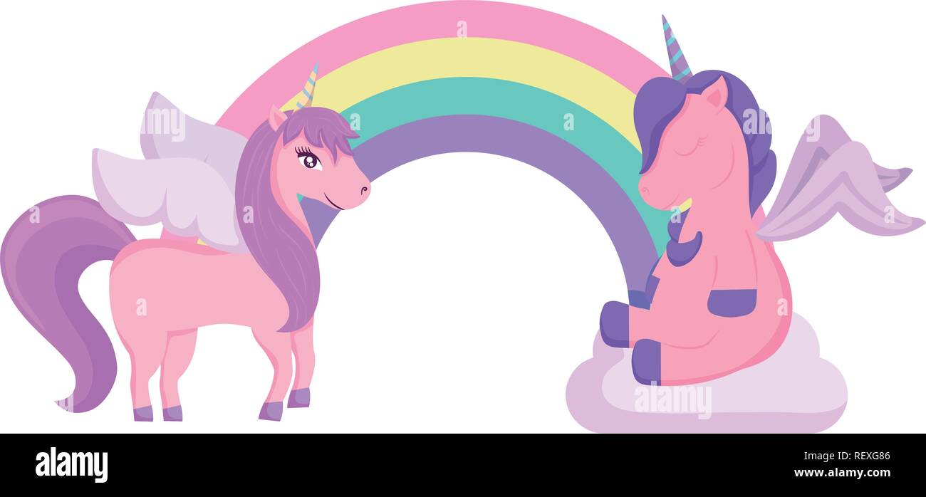 Cute unicorns and rainbow over white background, colorful design. vector illustration Stock Vector