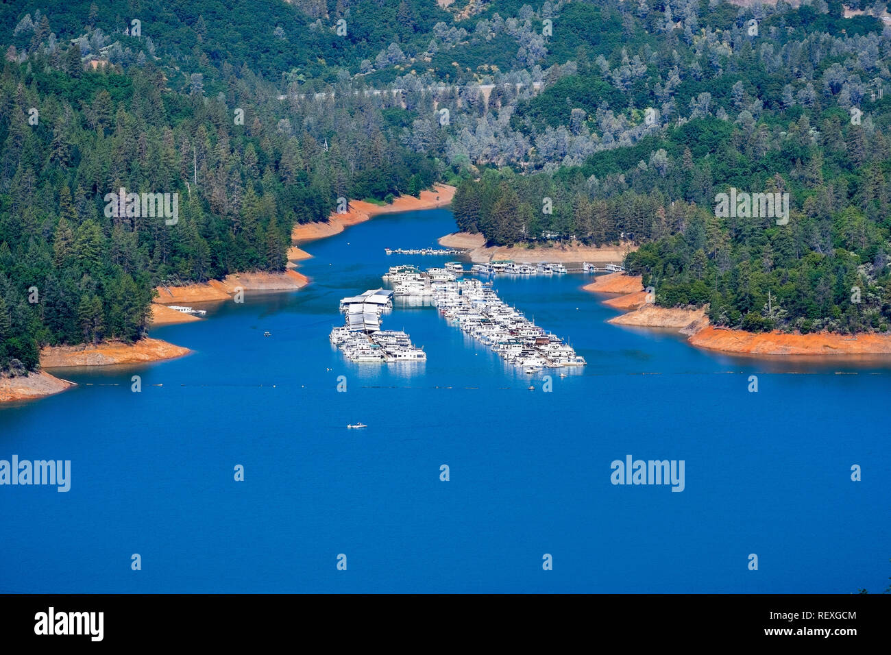 Aerial view of Holiday Harbor on the McCloud River Arm of Shasta Lake, Shasta County, Northern California Stock Photo