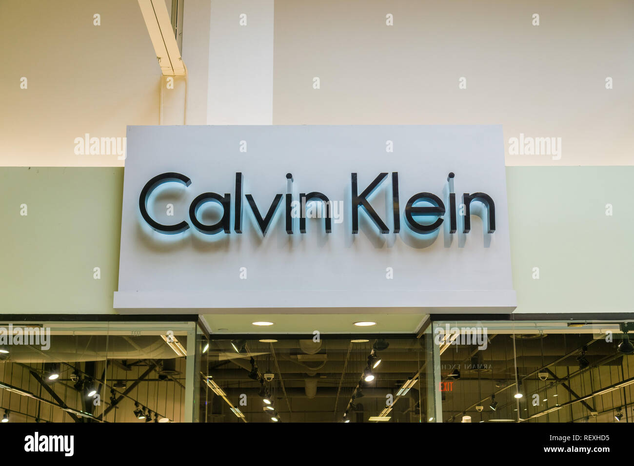 August 4, 2017 Milpitas/CA/USA - Calvin Klein logo above the storefront located at Great Mall, San Francisco bay area Stock Photo