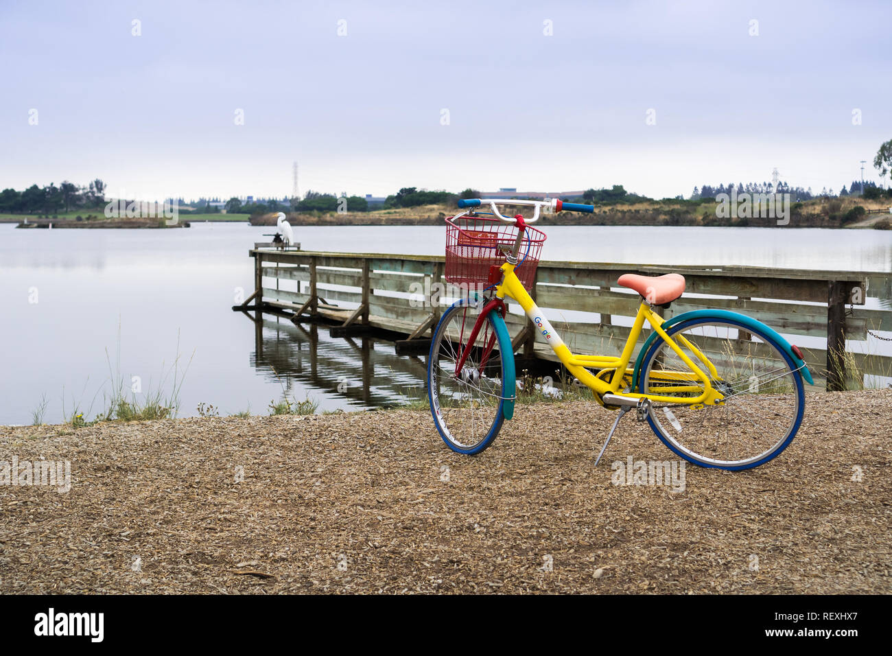 August 29, 2017 Mountain View/CA/USA - Google Bicycle left in Shoreline Park, near the bay trail Stock Photo
