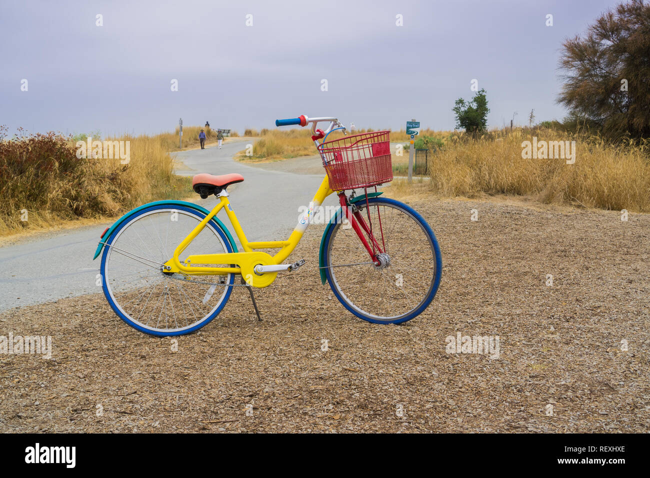 August 29, 2017 Mountain View/CA/USA - Google Bicycle left in Shoreline Park, near the bay trail Stock Photo