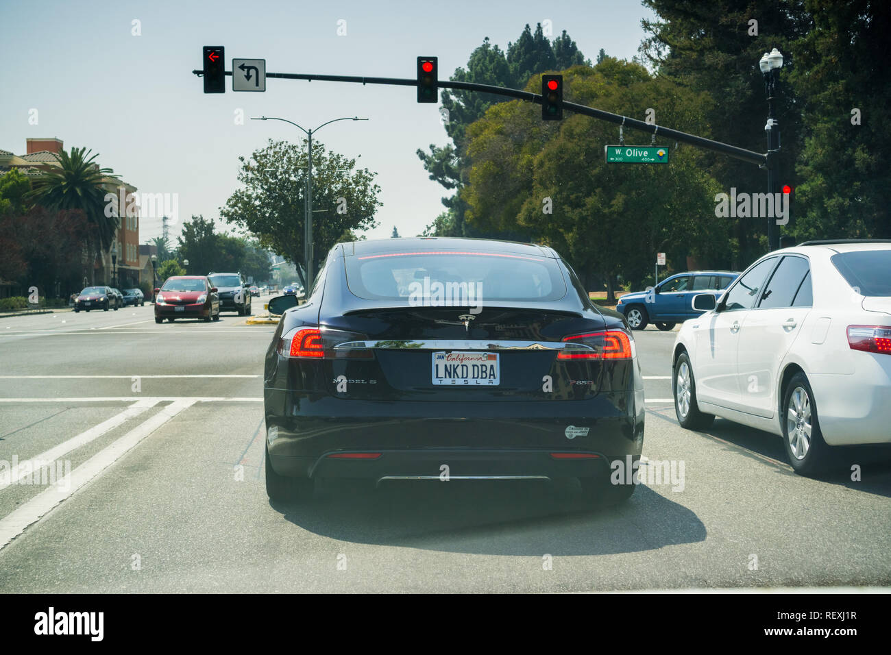 September 1, 2017 Sunnyvale/CA/USA - Tesla Model S P85D stopped at a traffic light Stock Photo