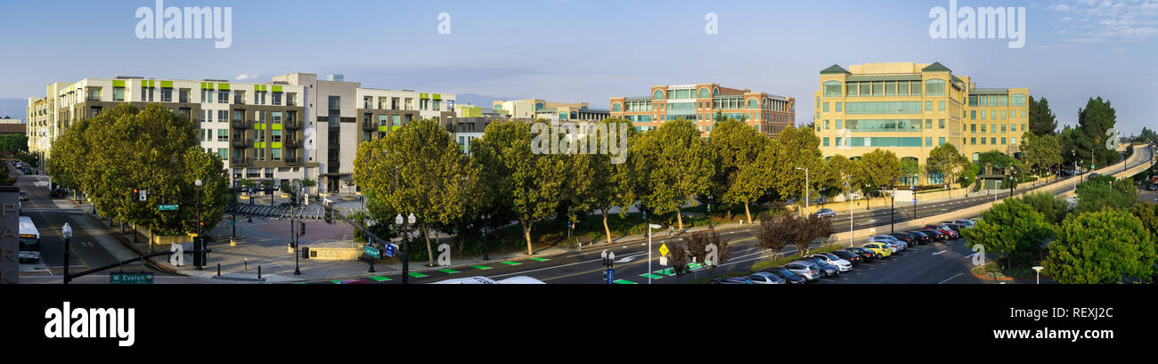 September 5, 2017 Sunnyvale/CA/USA - Panoramic aerial view of downtown Sunnyvale with a mix of new multifamily residential buildings and office buildi Stock Photo