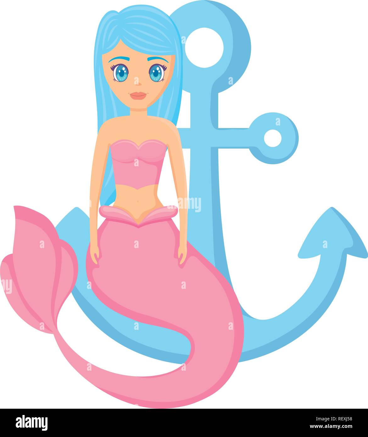 cute mermaid and anchor over white background, vector illustration