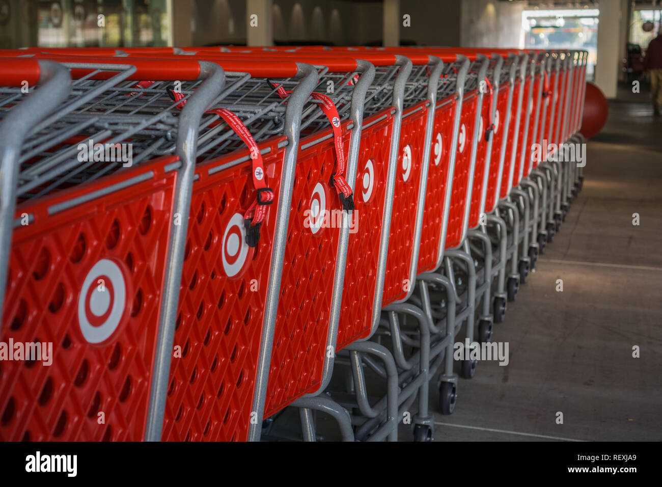 October 12, 2017 Sunnyvale/CA/USA - Stacked Target shopping carts with the company's logo on the side, a bulls eye Stock Photo