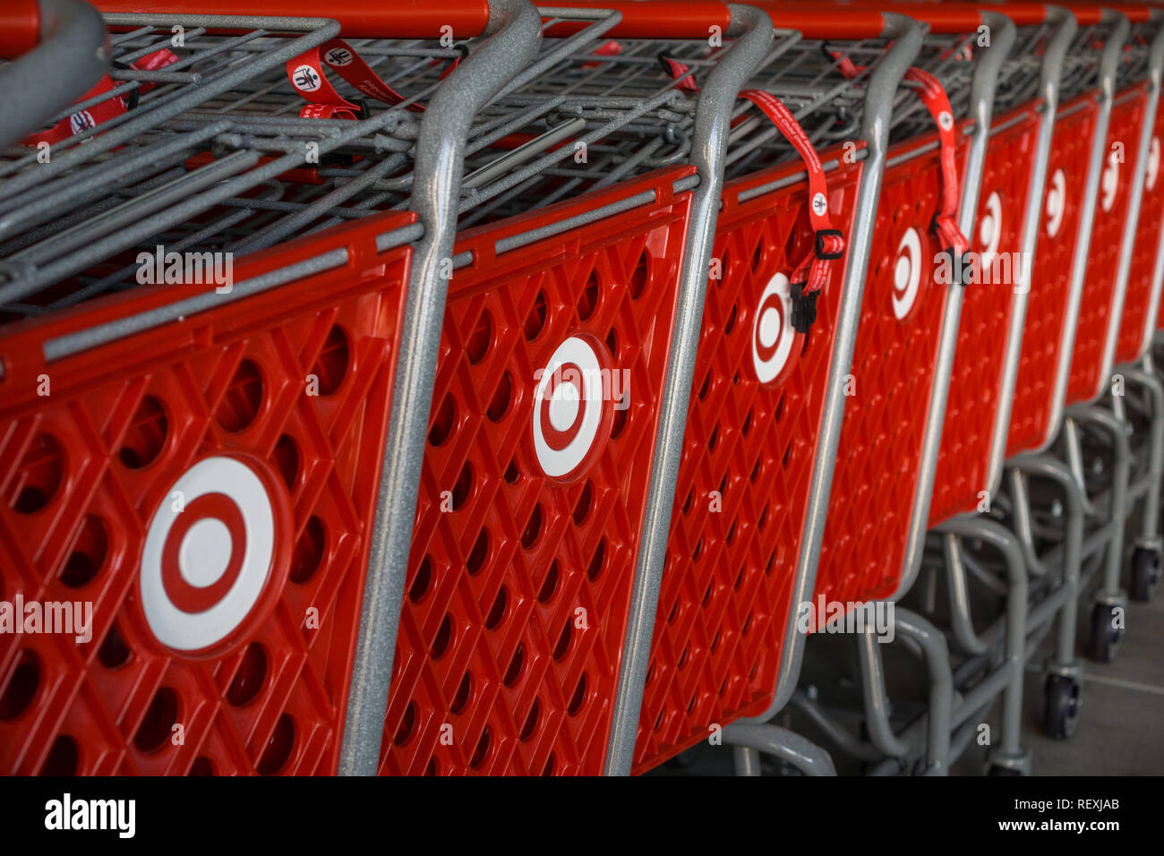 October 12, 2017 Sunnyvale/CA/USA - Stacked Target shopping carts with the company's logo on the side, a bulls eye Stock Photo