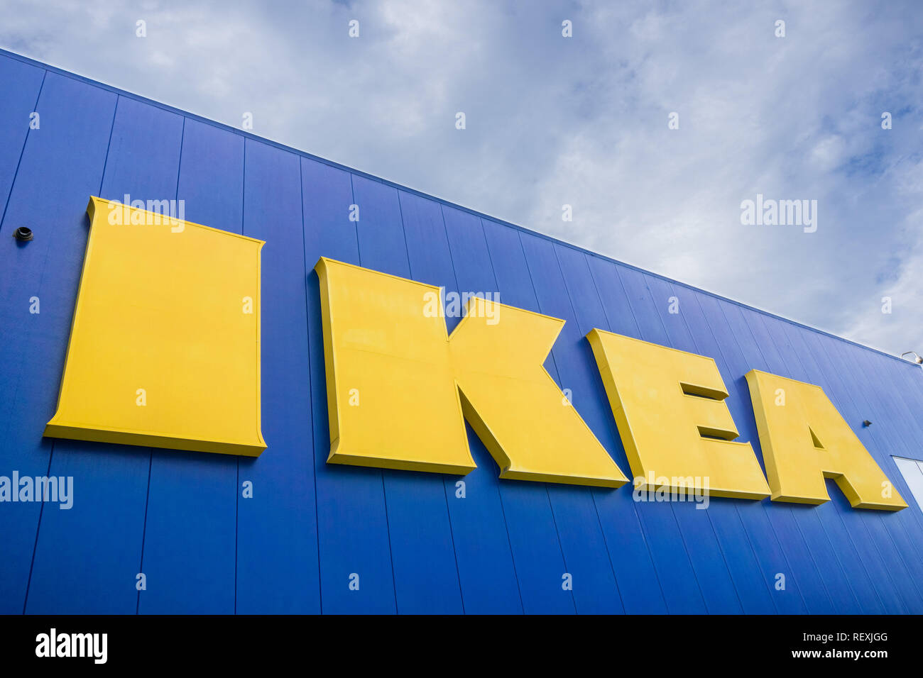 November 25, 2017 East Palo Alto/CA/USA - IKEA store logo on a cloudy sky background, Silicon Valley, San Francisco bay area Stock Photo