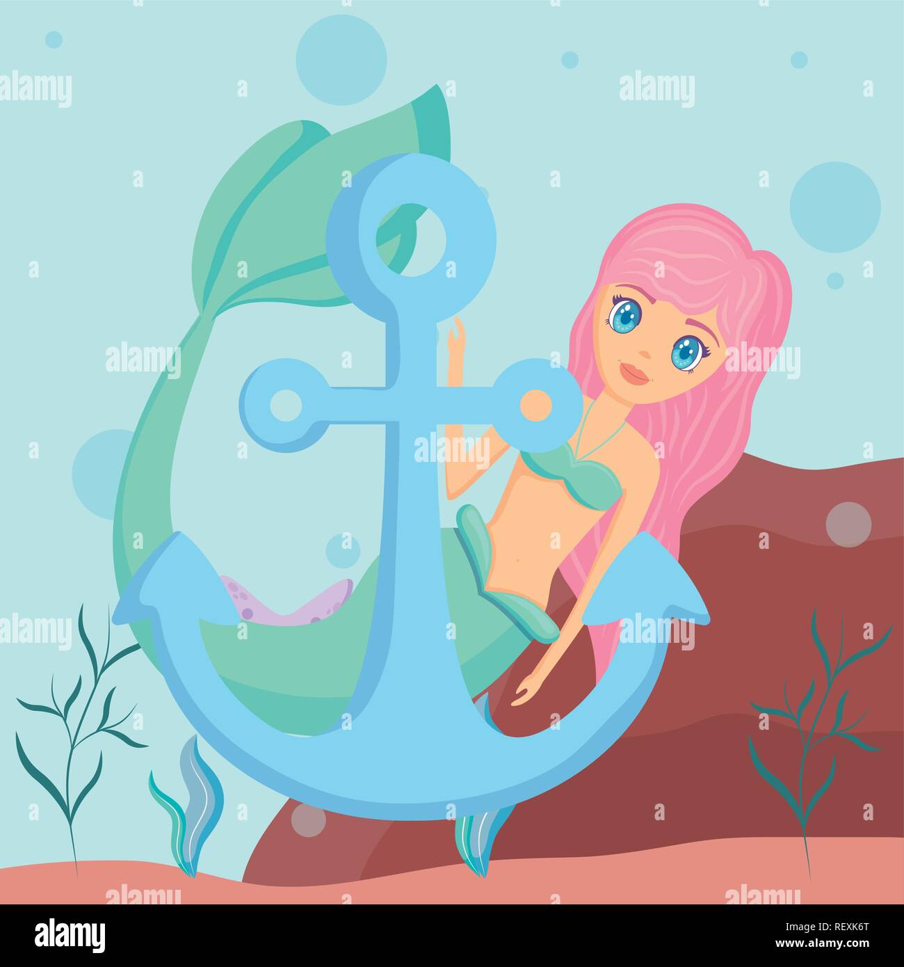 mermaid and anchor over sea background, colorful design. vector