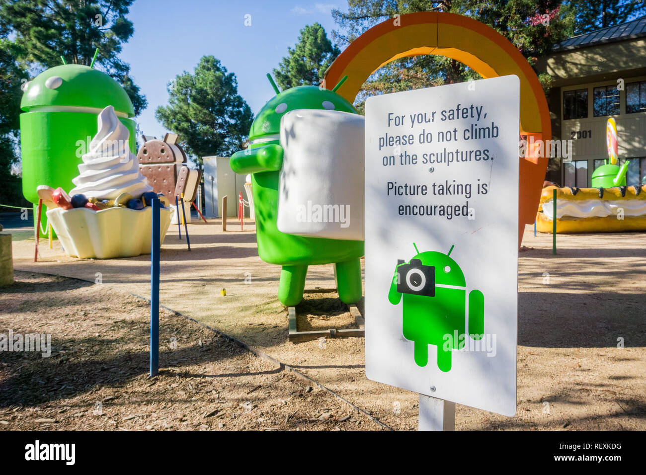 December 13, 2017 Mountain View / CA / USA - The Android Lawn Statues represent a photo opportunity in the Google office campus located in Silicon Val Stock Photo