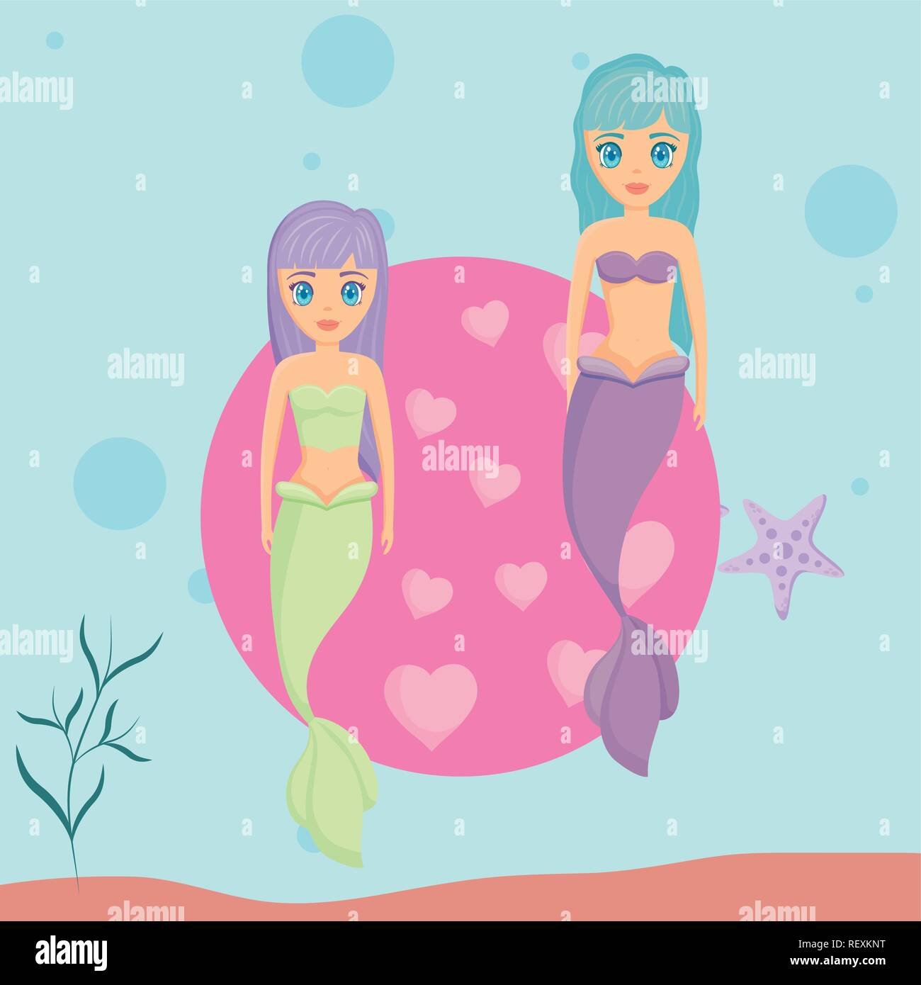 cute mermaids with hearts around over blue background, vector ...