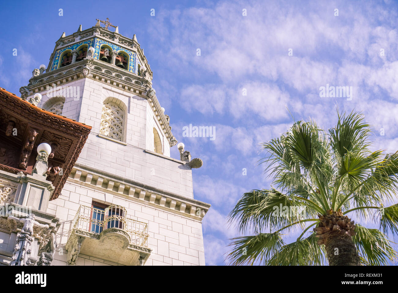 December 23, 2017 San Simeon / CA / USA - Looking up to one of the towers of Casa Grande, Hearst Castle Stock Photo