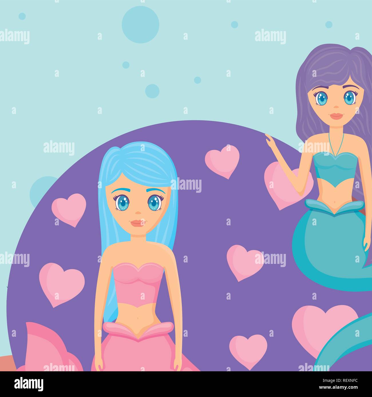 cute mermaids with hearts around over blue background, vector ...