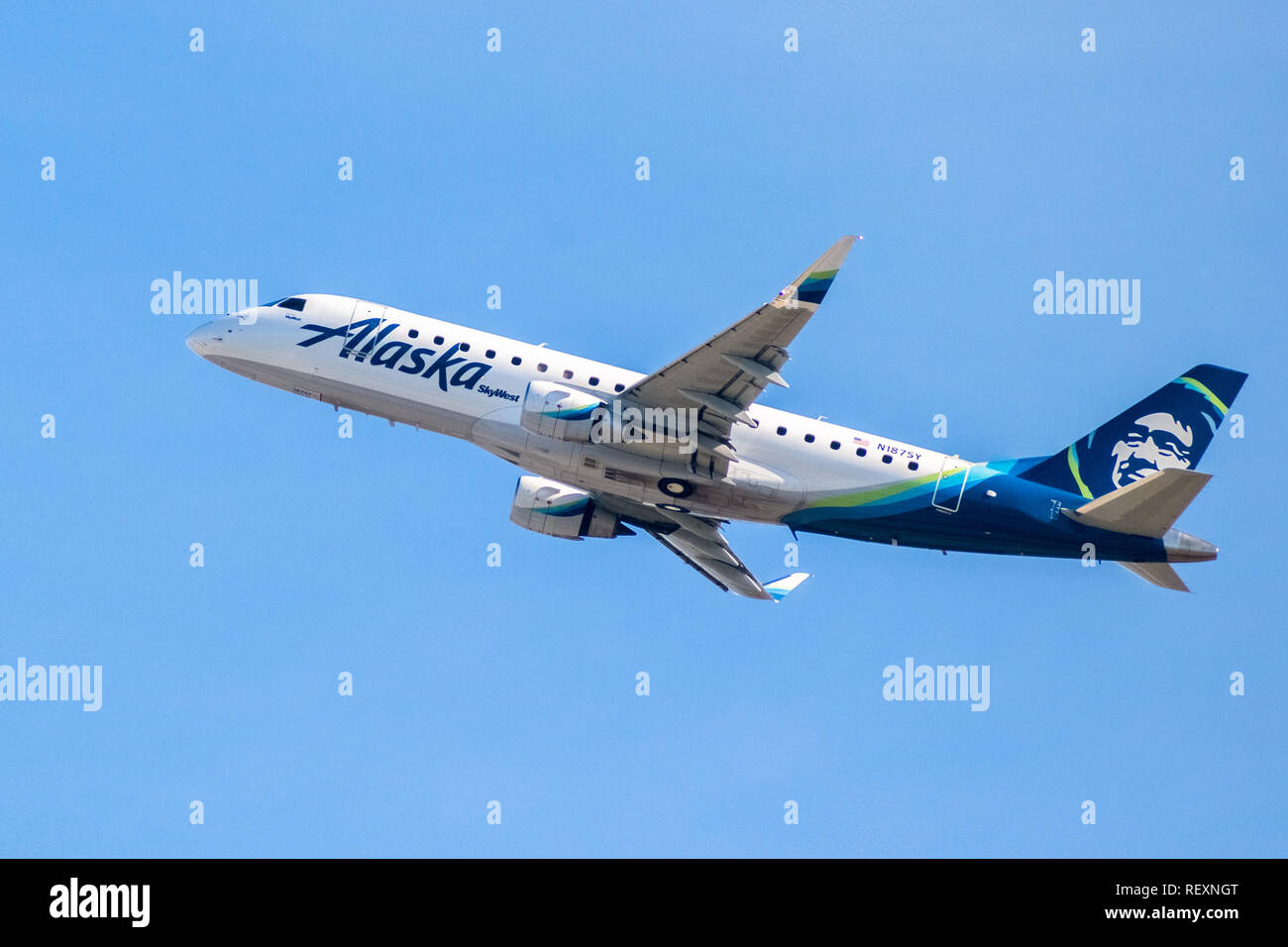 January 31, 2018 San Jose / CA / USA - Alaska Airlines aircraft up in the air after taking off from Norman Y. Mineta San Jose International Airport, S Stock Photo