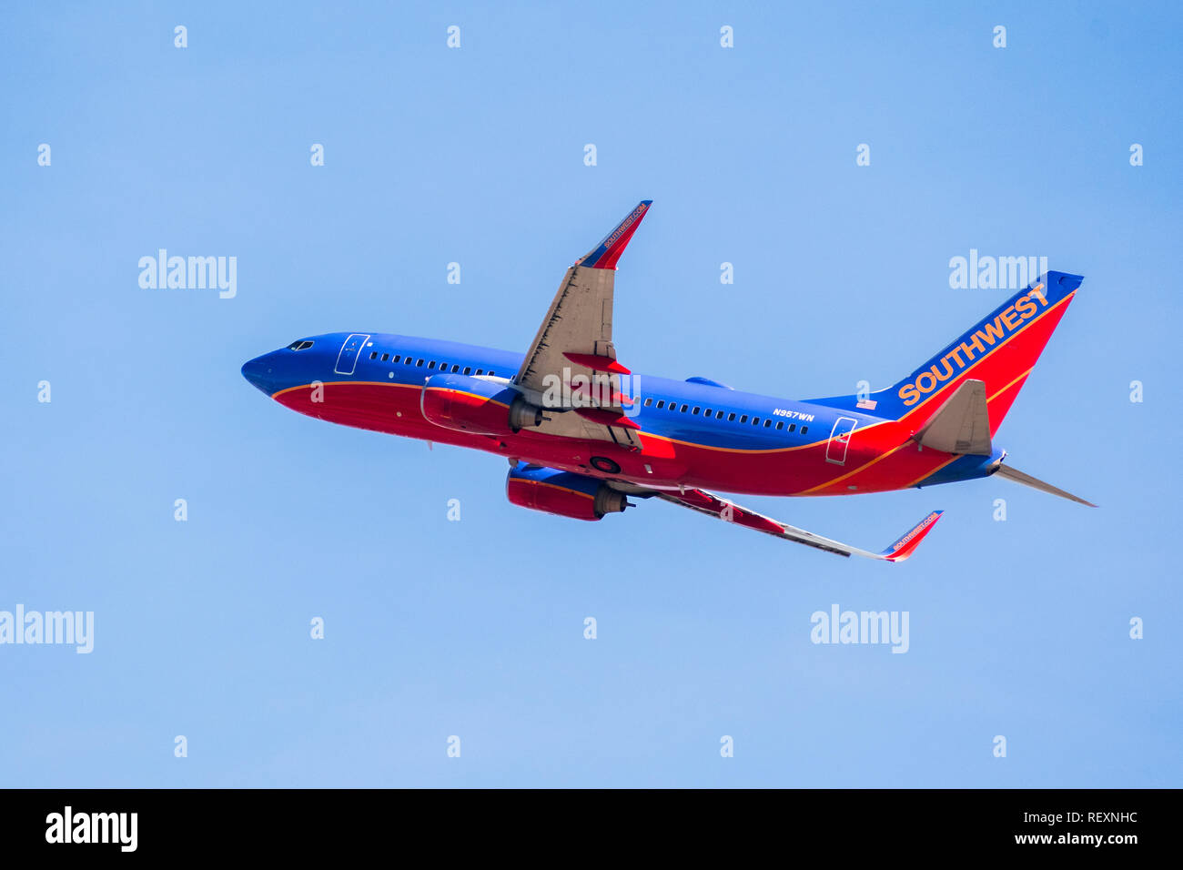January 31, 2018 San Jose / CA / USA - Southwest Airlines aircraft up in the air after taking off from Norman Y. Mineta San Jose International Airport Stock Photo