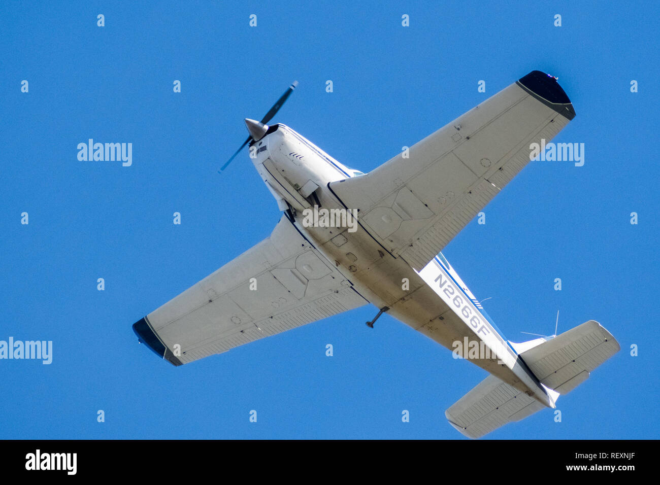 January 31, 2018 San Jose / CA / USA - Private airplane up in the air after taking off from Norman Y. Mineta San Jose International Airport, Silicon V Stock Photo