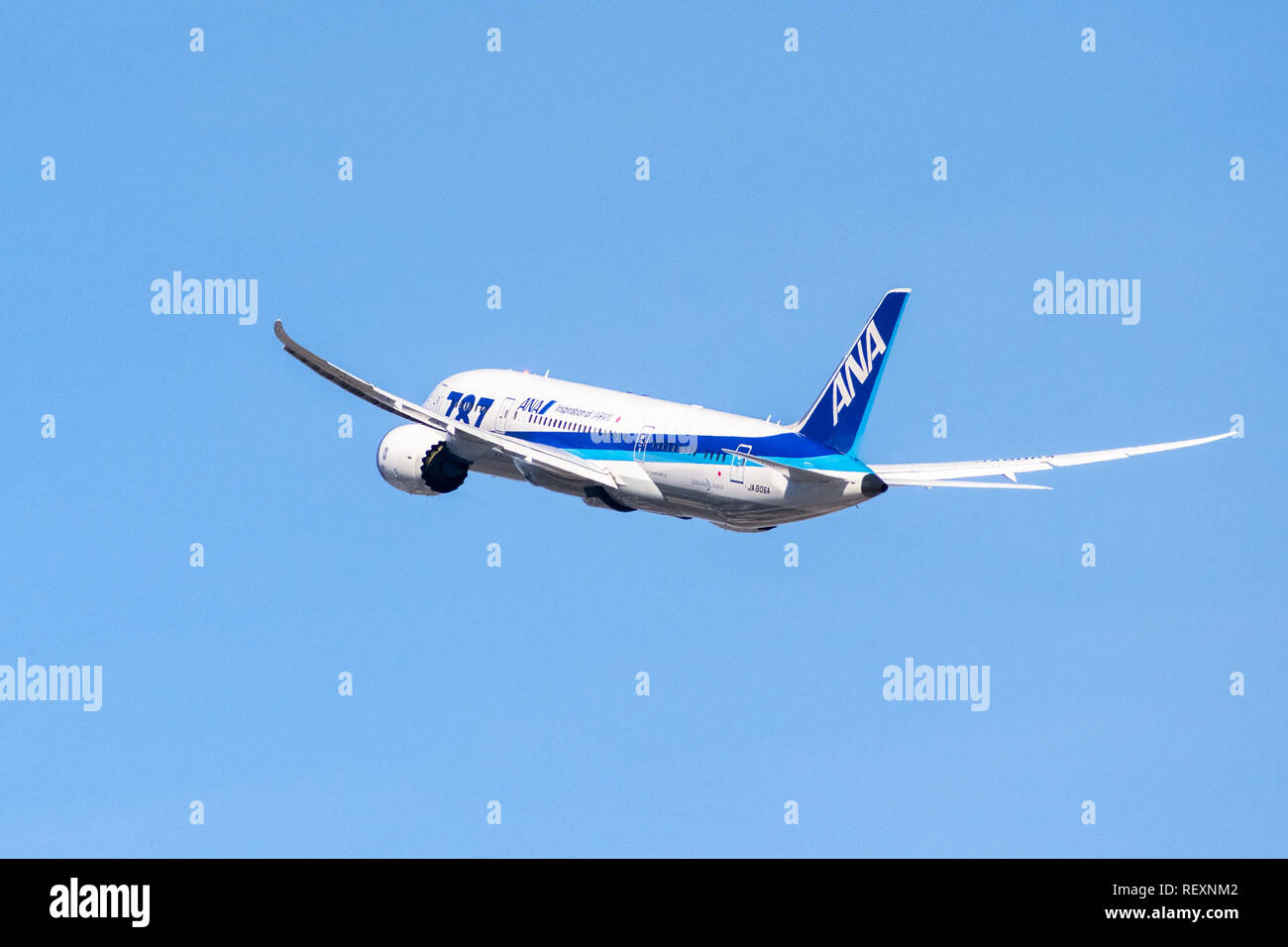 January 31, 2018 San Jose / CA / USA - ANA aircraft taking off from San Jose International Airport, Silicon Valley; All Nippon Airways Co., Ltd., also Stock Photo