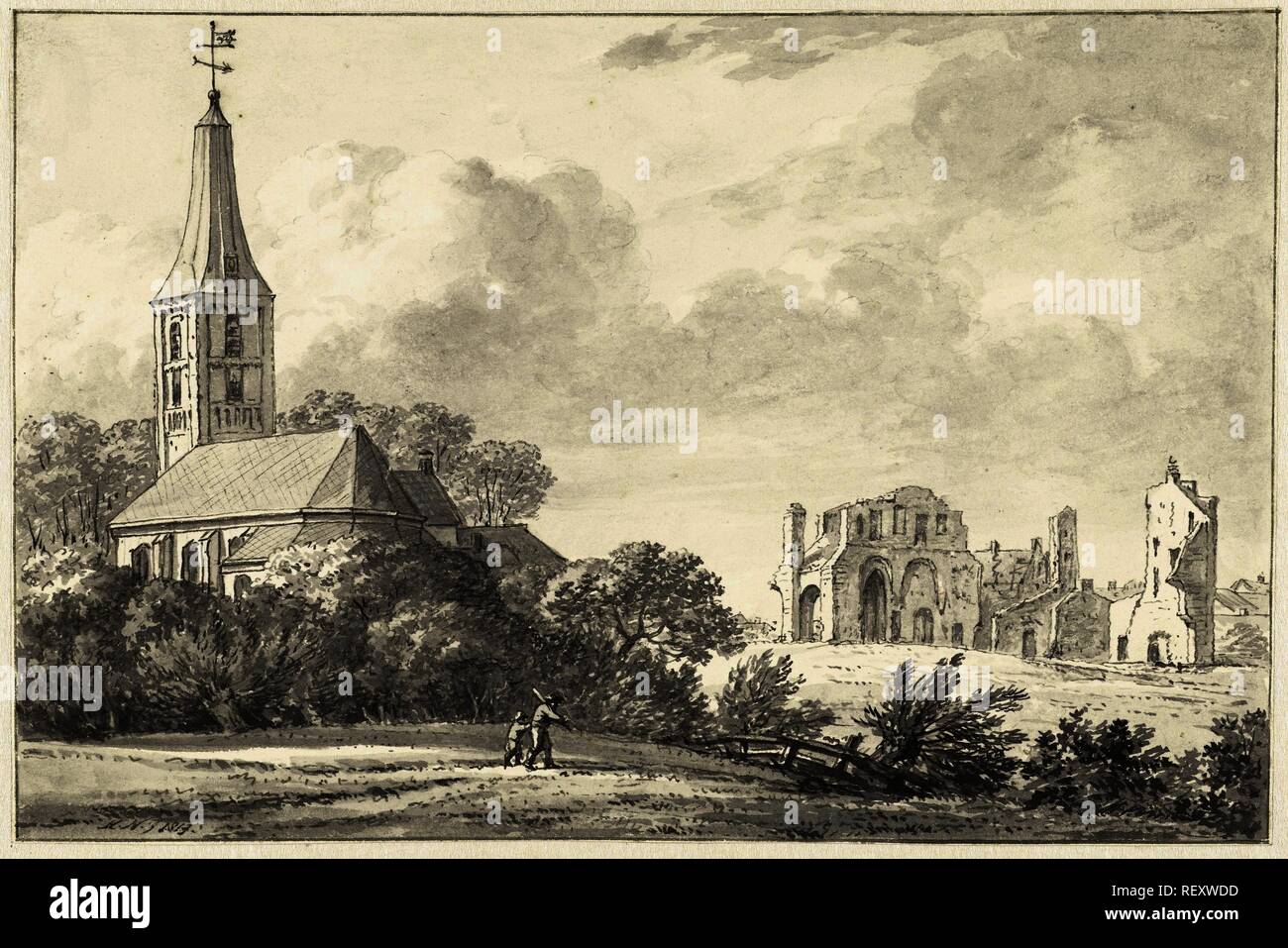 Ruin of the Abbey in Rijnsburg. Draughtsman: Hermanus Numan. Dating: 1813. Measurements: h 161 mm × w 243 mm. Museum: Rijksmuseum, Amsterdam. Stock Photo