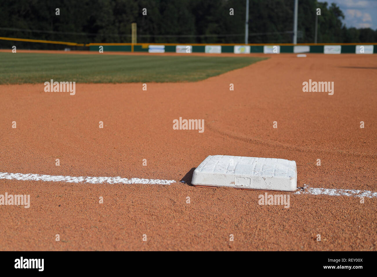 Baseball Field 1st Base with fresh grass and chalk lines Stock Photo