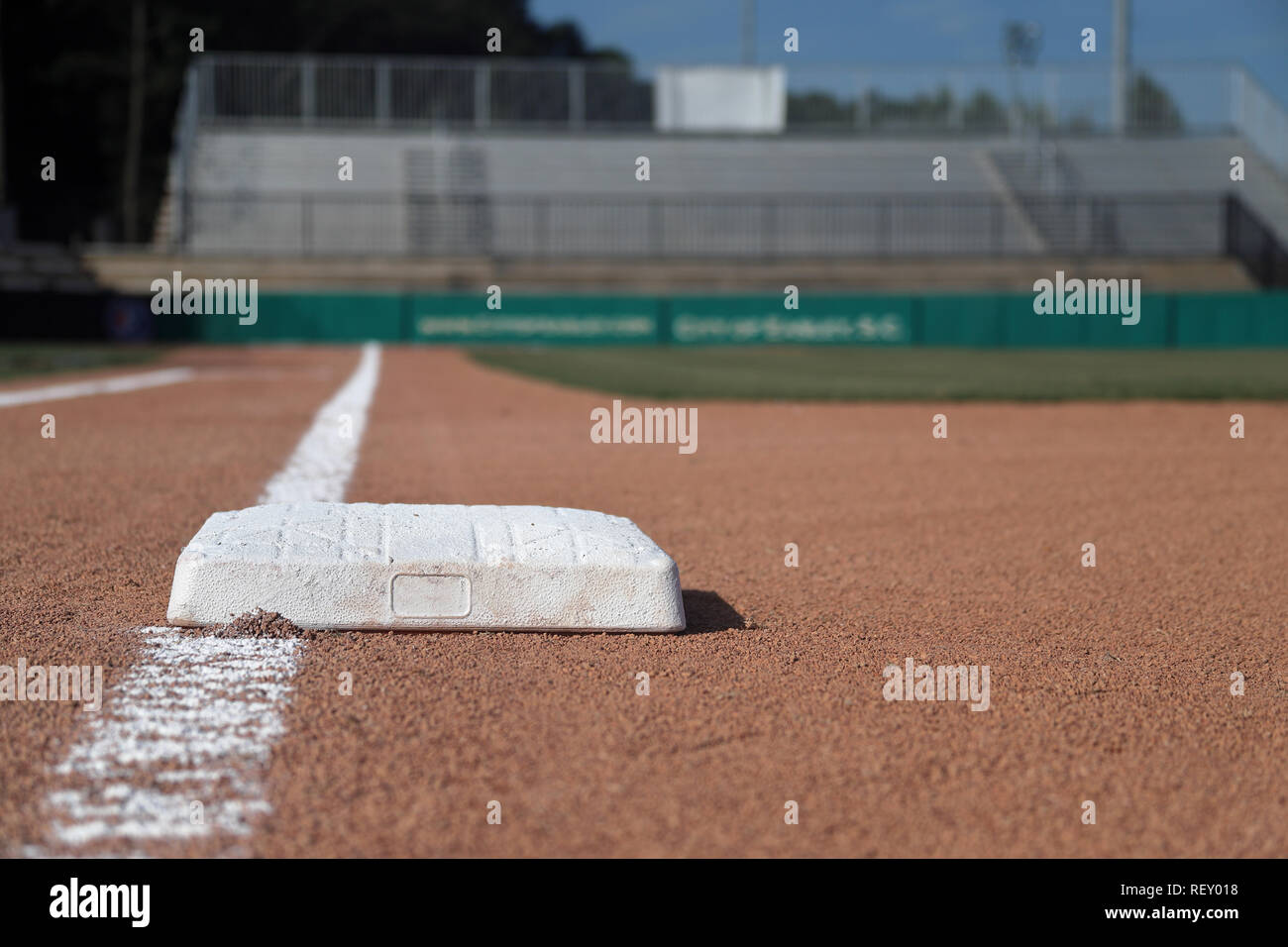 Baseball Field 1st Base with fresh grass and chalk lines Stock Photo
