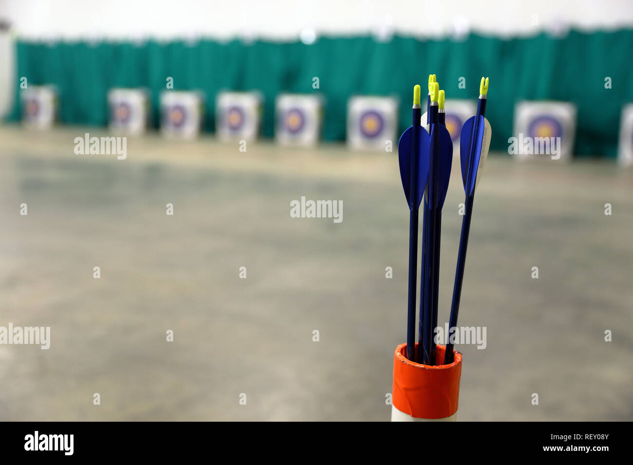 Youth archery arrows with targets at range Stock Photo Alamy
