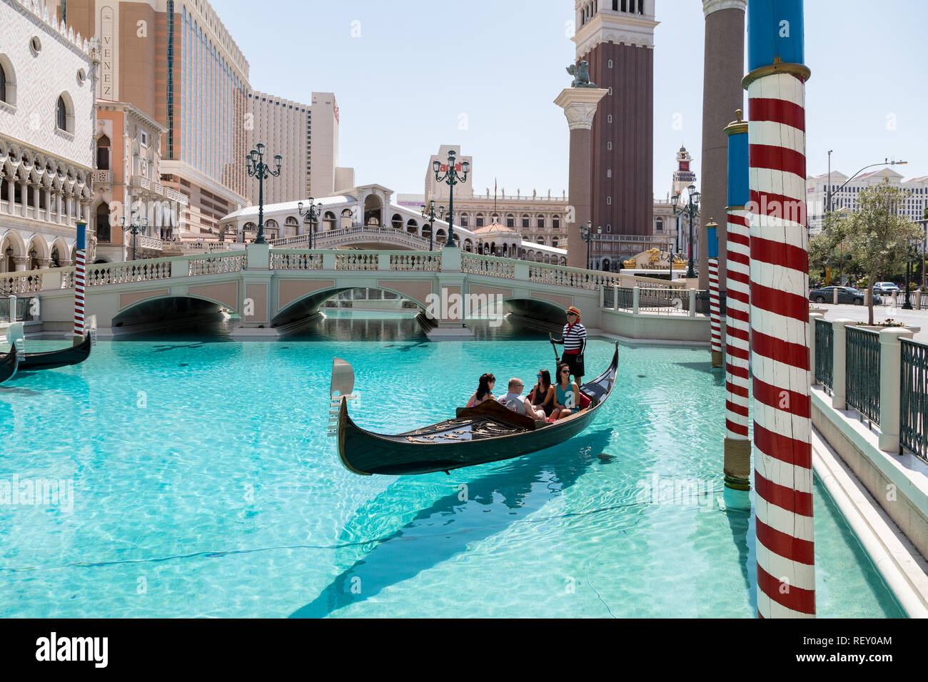 Las Vegas, Nevada, USA - September 1, 2017: Tourists enjoying ride in gondola at Grand Canal at The Venetian Resort Hotel and Casino.  This luxury hot Stock Photo