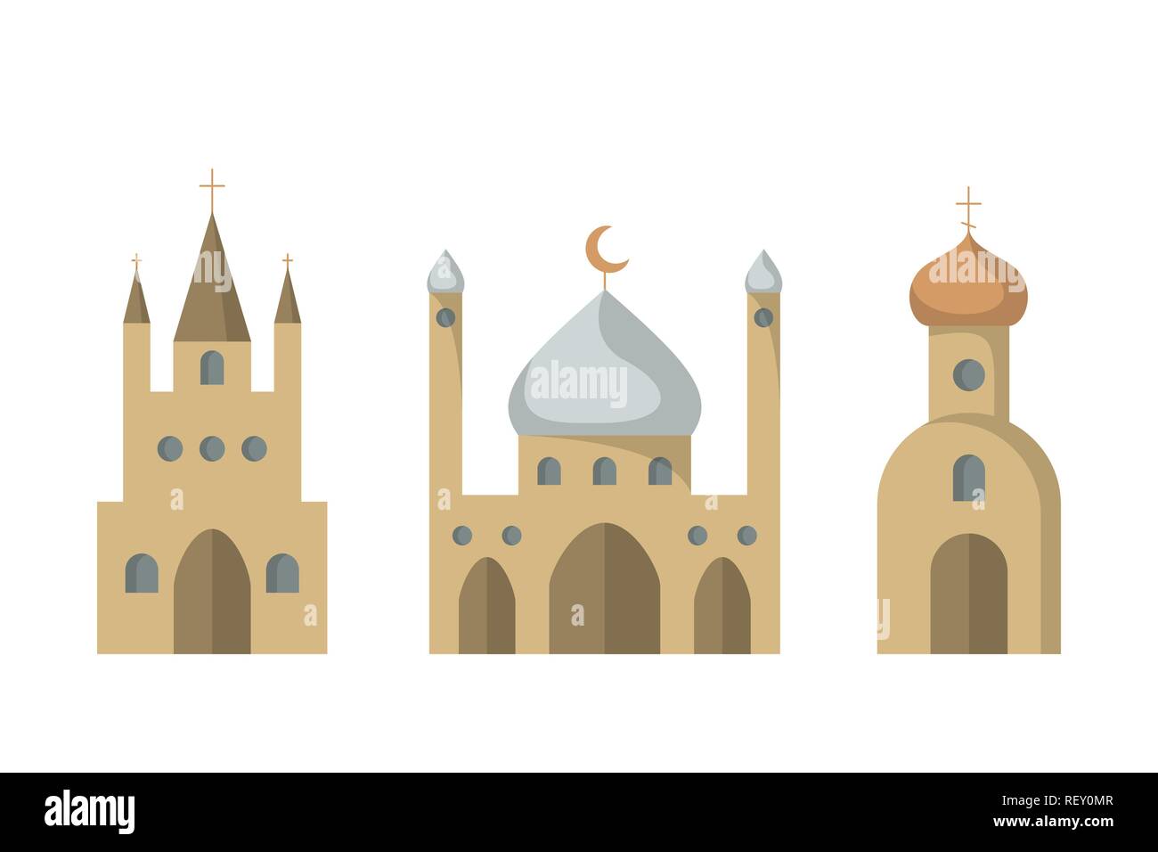 Set of icons of religious buildings. Vector illustration. Catholic and Orthodox churches. Mosque. Stock Vector