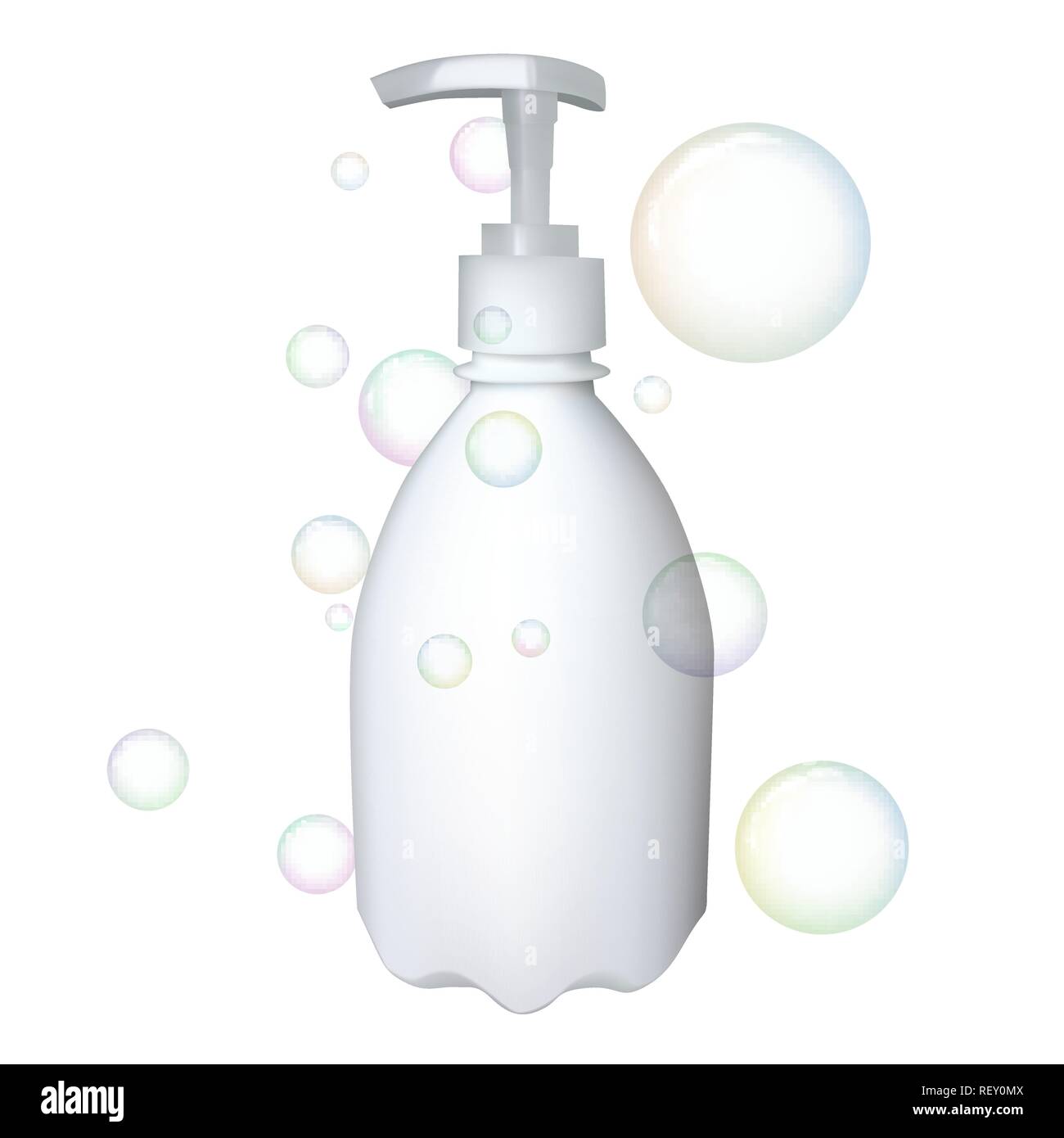 Plastic bottle with dispenser. Vector illustration. Soap container. Bubble. Beauty industry Stock Vector