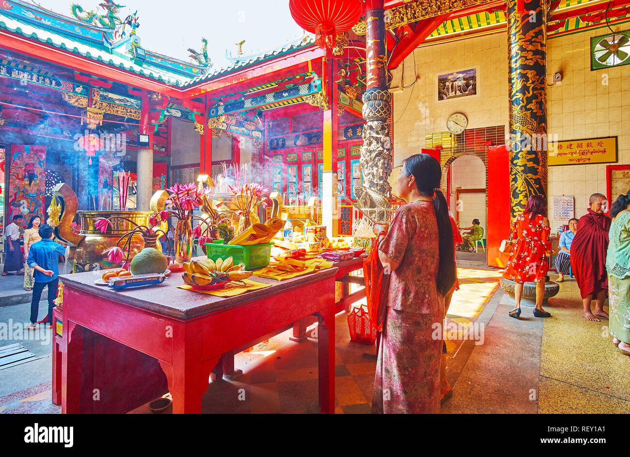 Yangon Myanmar February 17 2018 The Woman With Incense Sticks