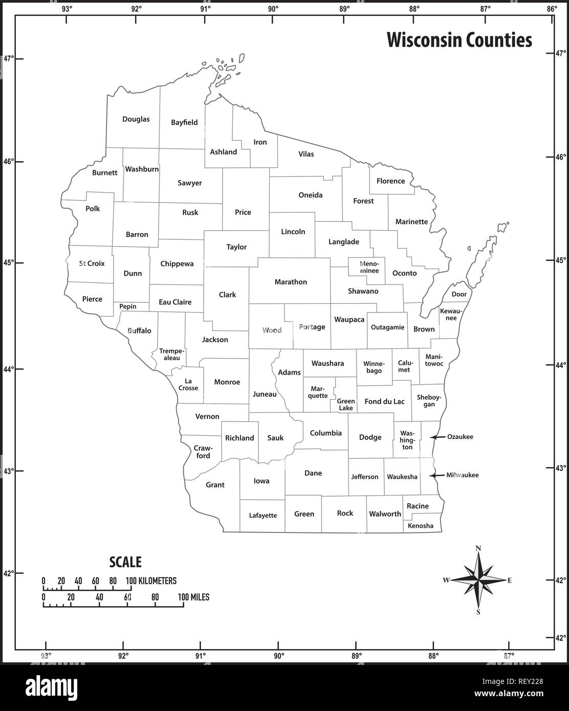 wisconsin state outline administrative and political vector map in ...