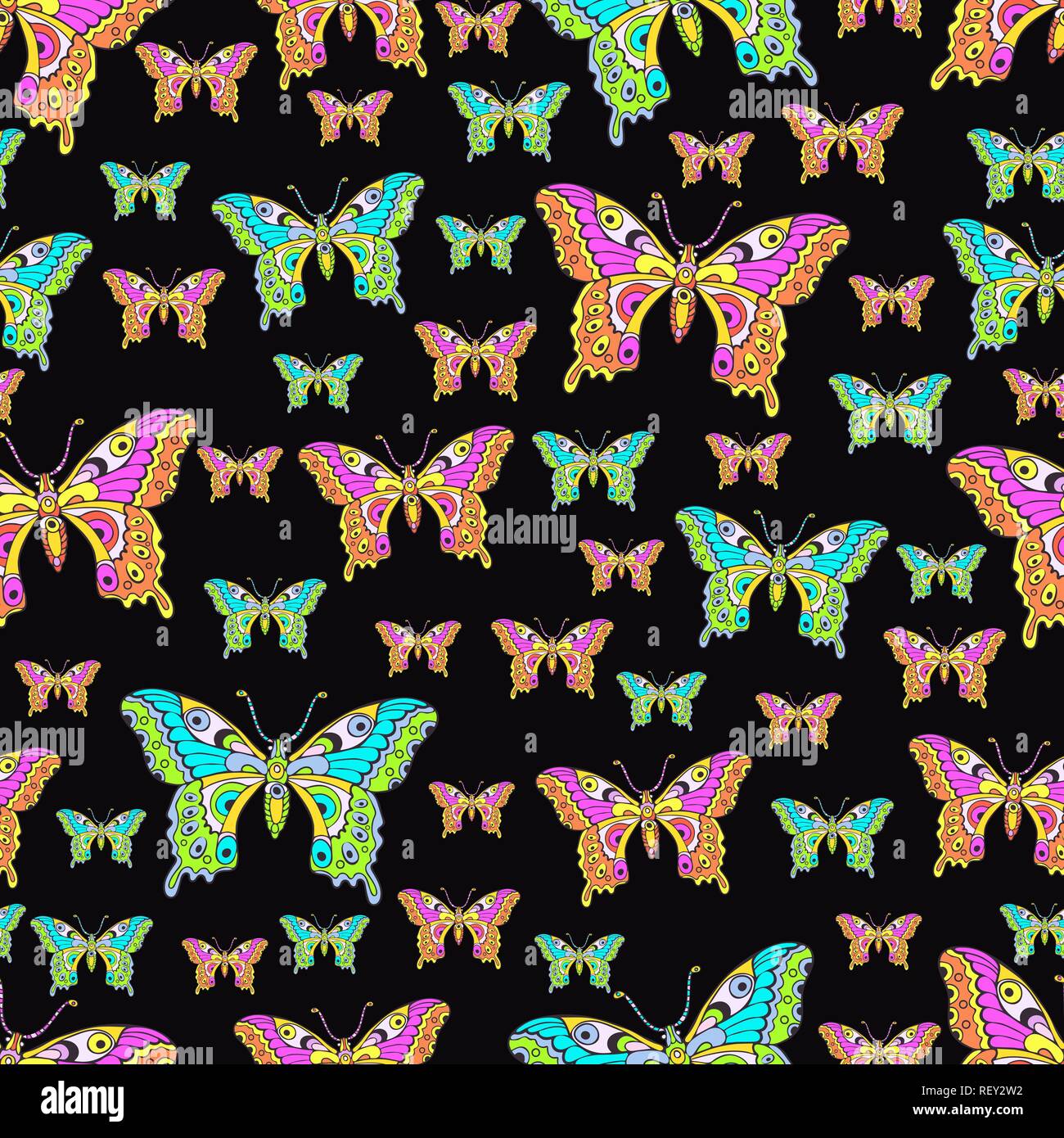Abstract butterflies seamless pattern, hand drawing, textile print, vector illustration. Patterned colorful bright insect with wings view from above o Stock Vector