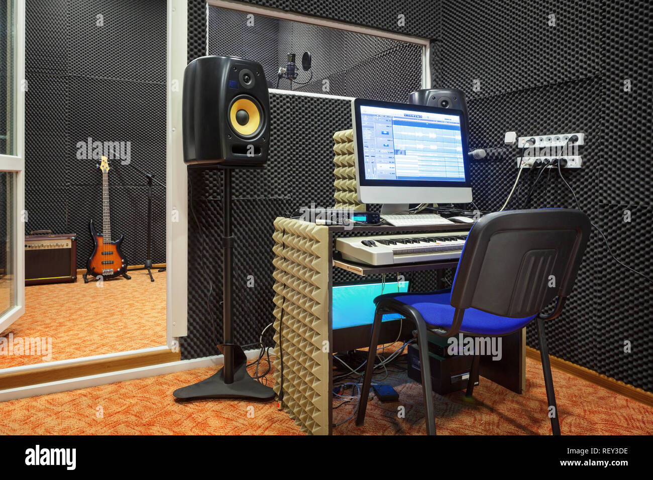 Sound recording studio interior. Sound engineer workplace. Stock Photo