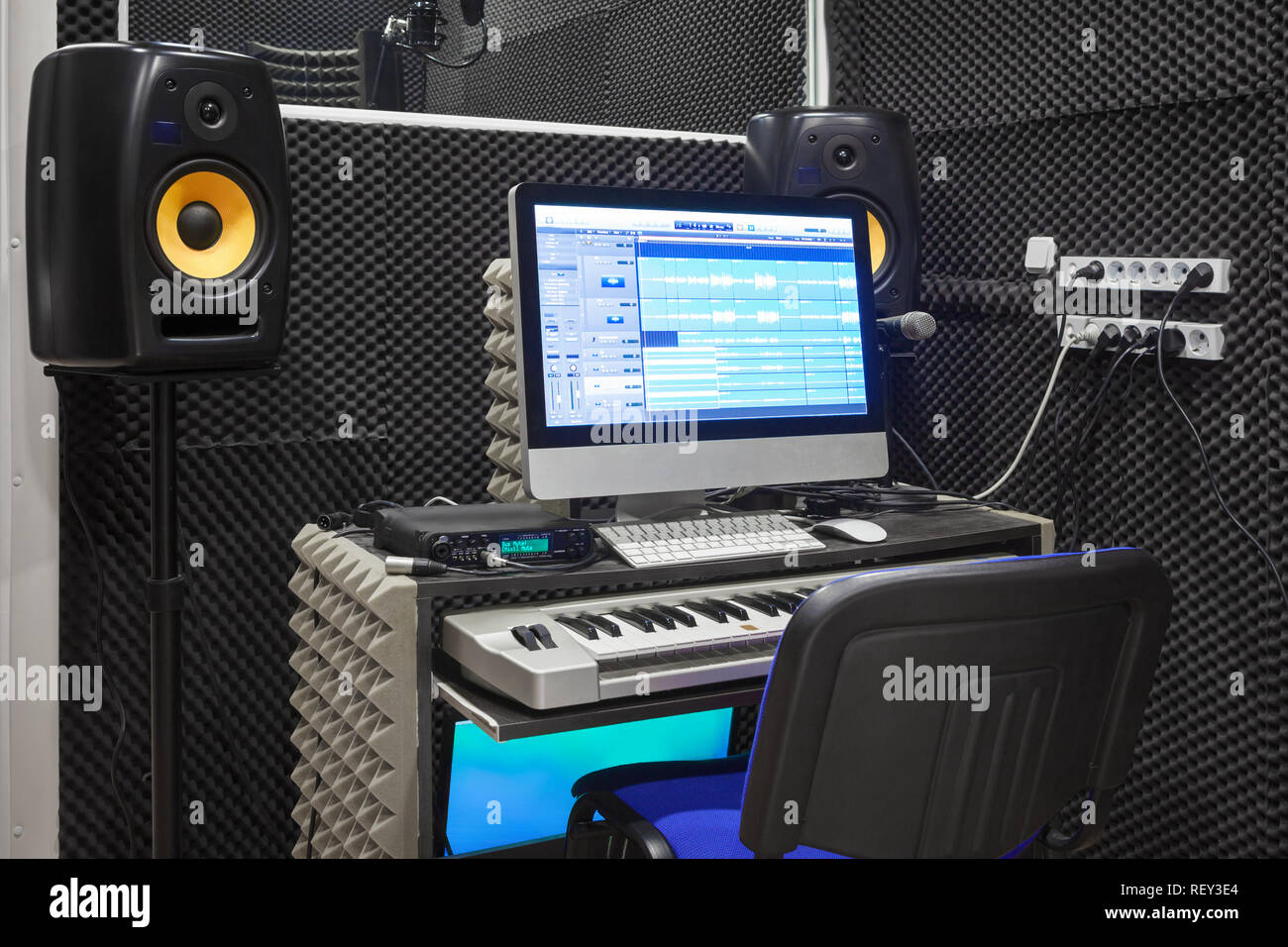 Sound recording studio interior. Sound engineer workplace. Stock Photo